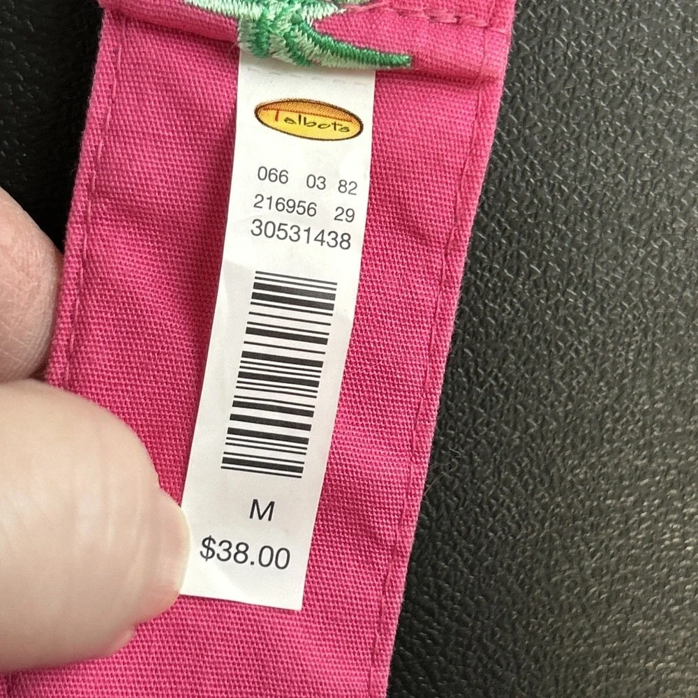 Talbots Women's Medium Pink Green Palm Tree Belt Adjustable Embroidered Beachy